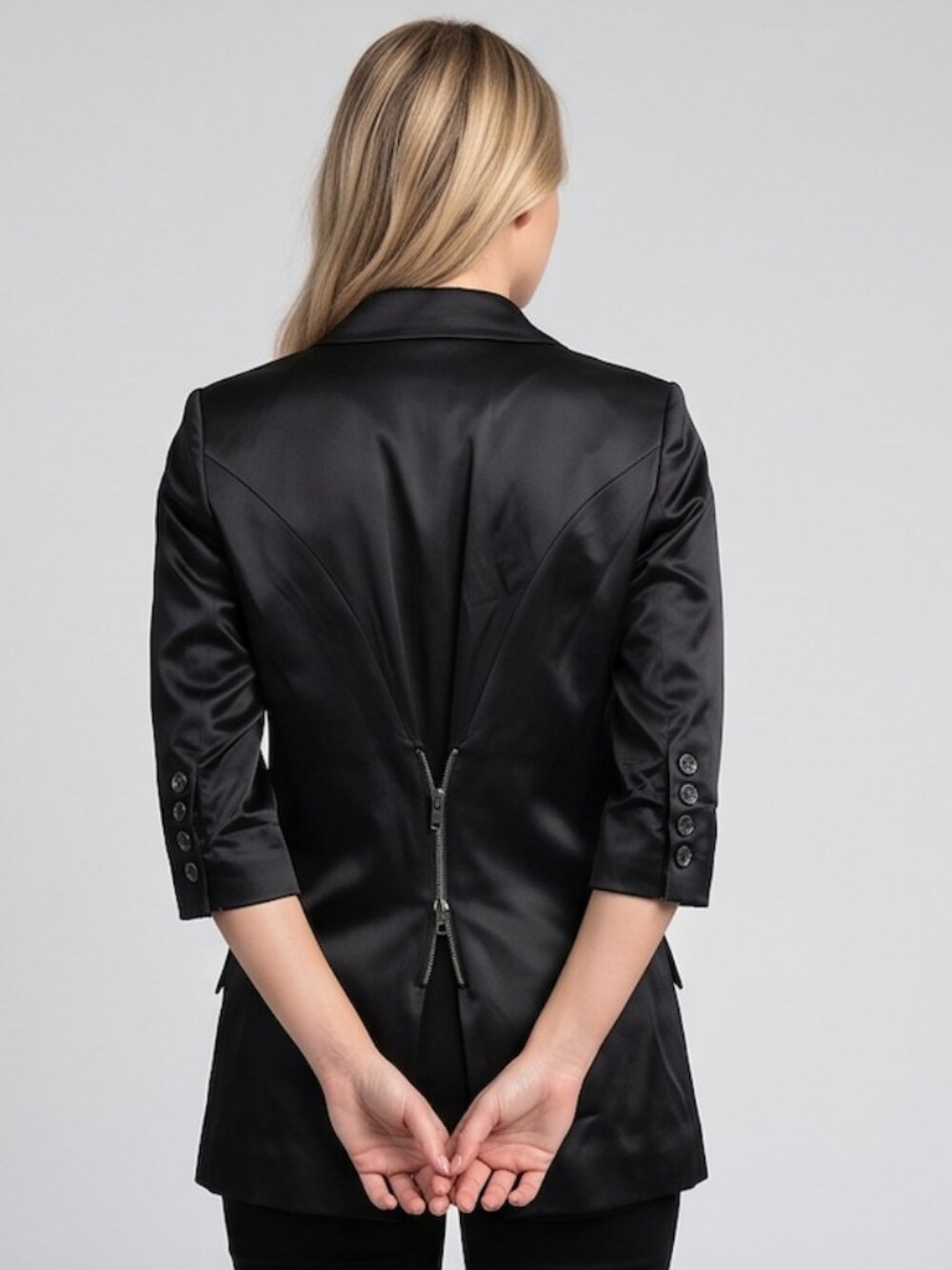 Elizabeth and James Black Satin Tailored Blazer Jacket with Back Zip Detail